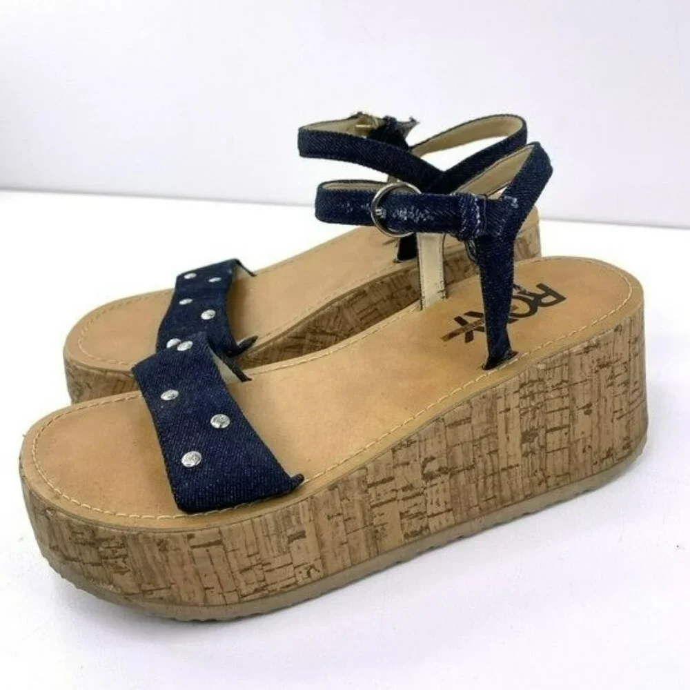 VTG Y2K 90s Roxy Quicksilver Sandals Women Size 8 Platform Cork Wedge Denim Jean